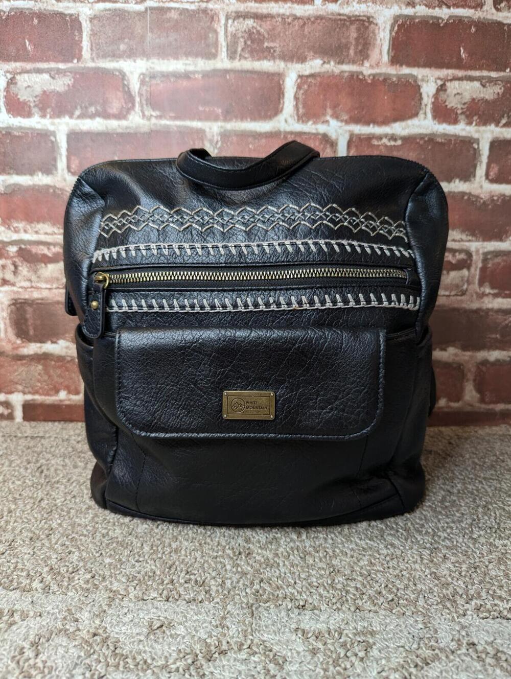 White Mountain Vegan Leather Backpack - Black Embroided Purse - Zip Top